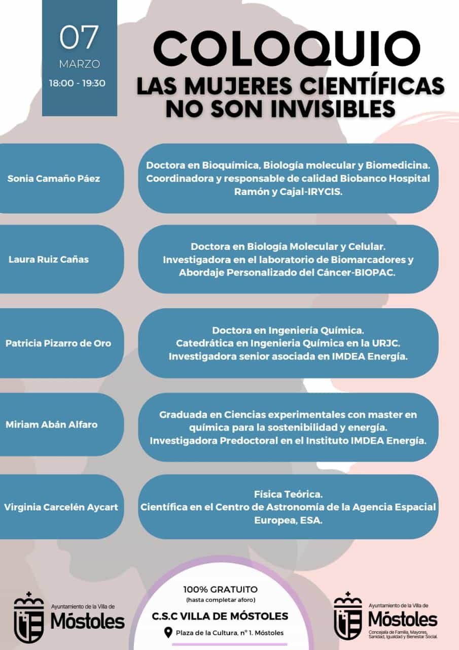 BIOBANCO PARTICIPA EL 7 DE MARZO EN UN COLOQUIO EN EL AYUNTAMIENTO DE MÓSTOLES: LAS MUJERES CIENTÍFICAS NO SON INVISIBLES.